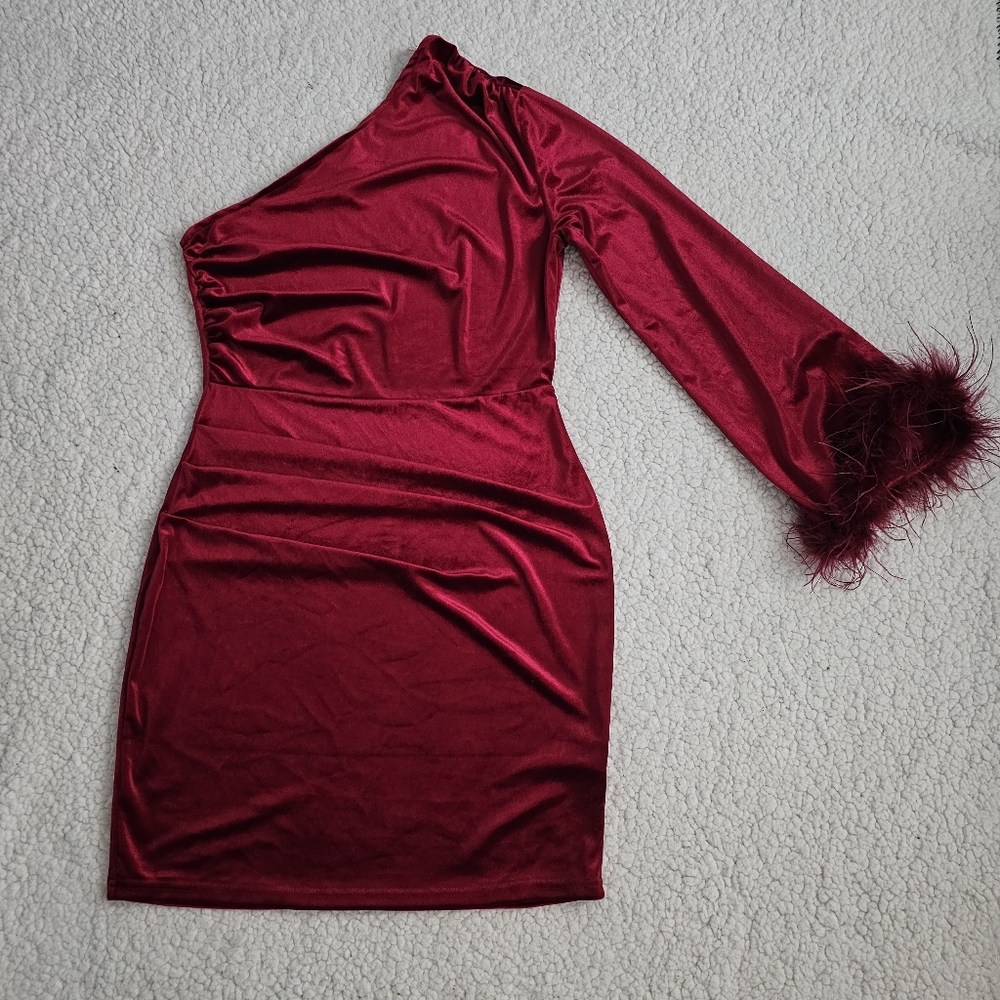 NEW PRETTYGARDEN Women's Long Sleeve Red Dress One Shoulder Mini Bodycon Sz M